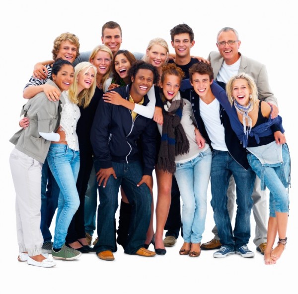 Group of smiling friends against white background